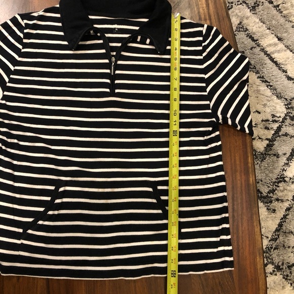 Karen Scott Sport 3/4 sleeve 1/4 zip striped pullover w/front pouch pocket B&W - Picture 7 of 9